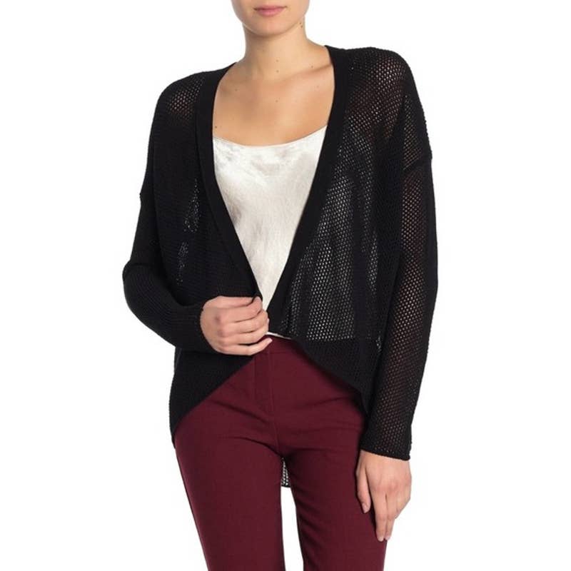 Eileen Fisher Open Weave Knit High Low Cardigan Black Xs